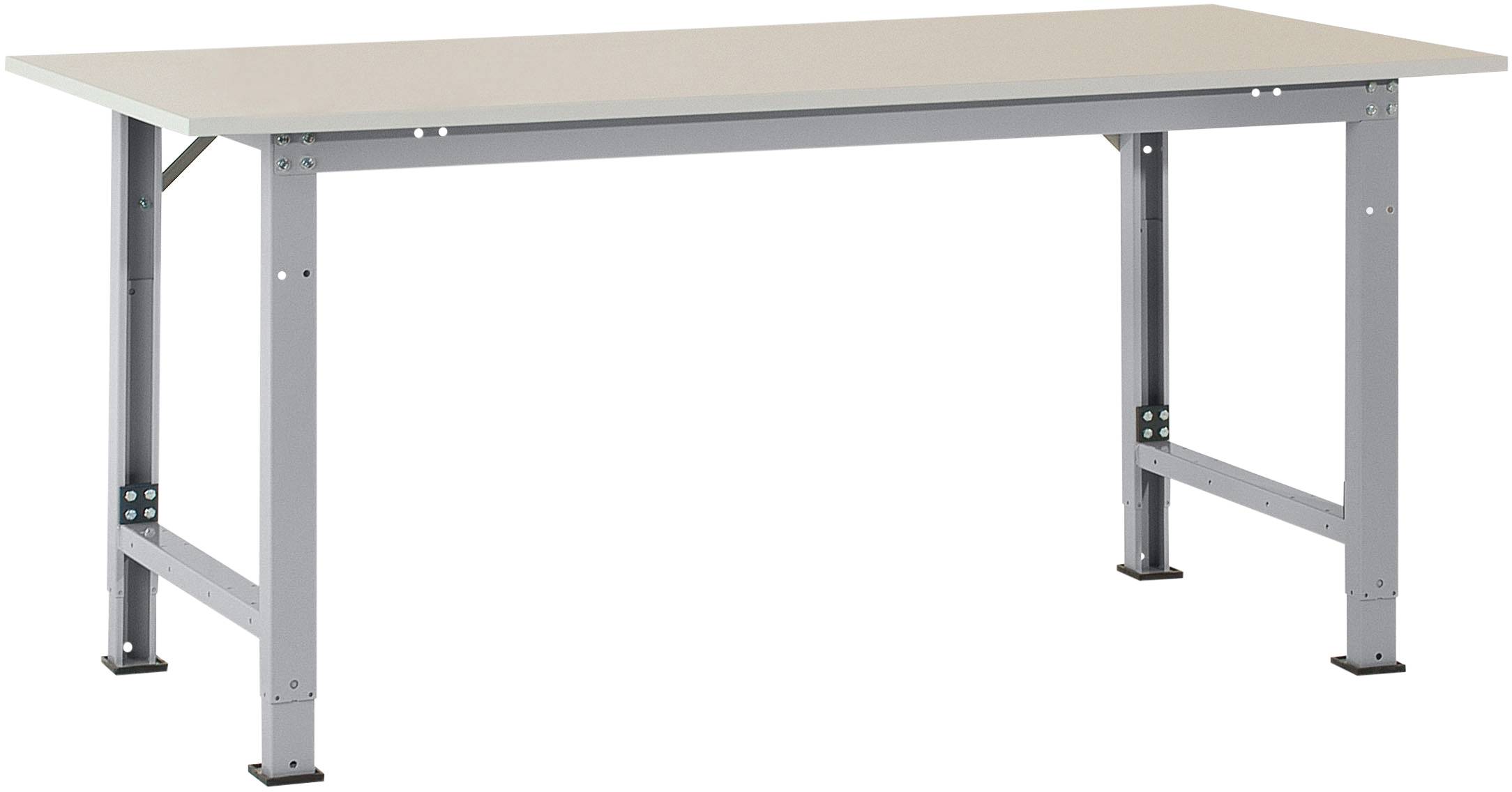 Ein rechteckiger, grauer Arbeitstisch mit Metallbeinen und einer glatten, hellen Oberfläche.