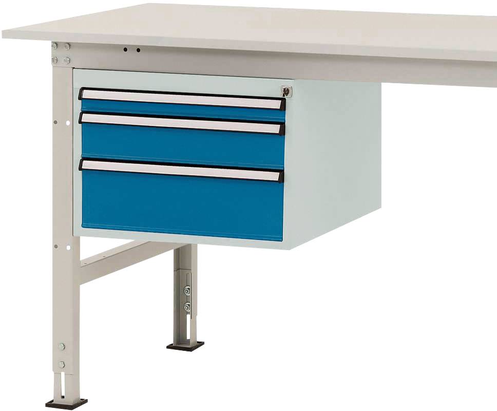 Ein weißer Schreibtisch mit drei blauen Schubladen auf der linken Seite. Der Schreibtisch hat Metallbeine und ist schlicht gestaltet.