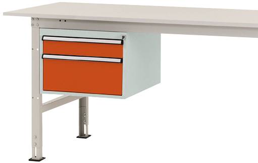 Ein weißer Tisch mit einem orangefarbenen Schubladenelement darunter.