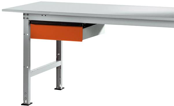 Ein Tisch mit einer orangen Schublade darunter. Der Tisch hat Metallbeine und eine glatte weiße Oberfläche.