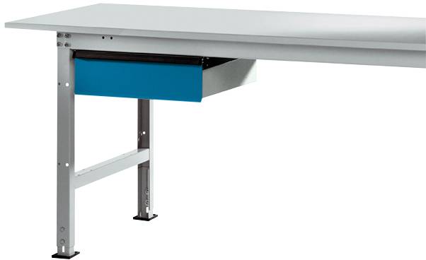 Ein grauer Tisch mit stabilen Metallbeinen und einer eingebauten blauen Schublade unter der Tischplatte, geeignet für Büro- oder Werkstattnutzung.
