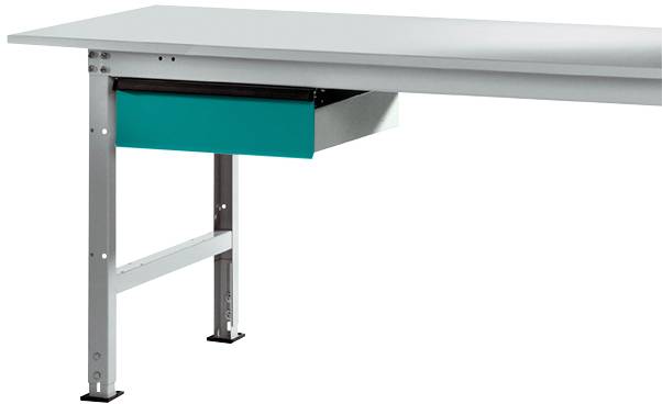 Ein Tisch mit rechteckiger Platte und stabilem Metallgestell. Unter der Platte befindet sich eine türkisfarbene Schublade.