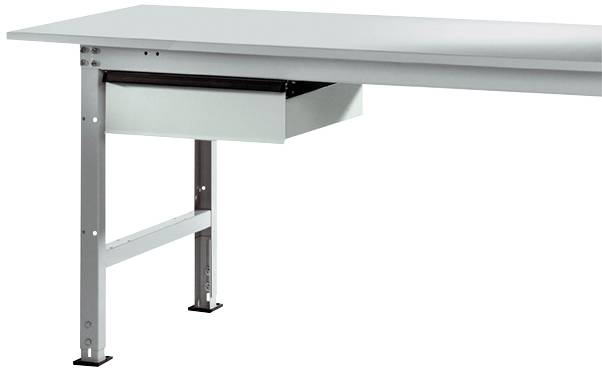 Weißer rechteckiger Tisch mit einer Schublade, montiert auf zwei Metallbeinen.