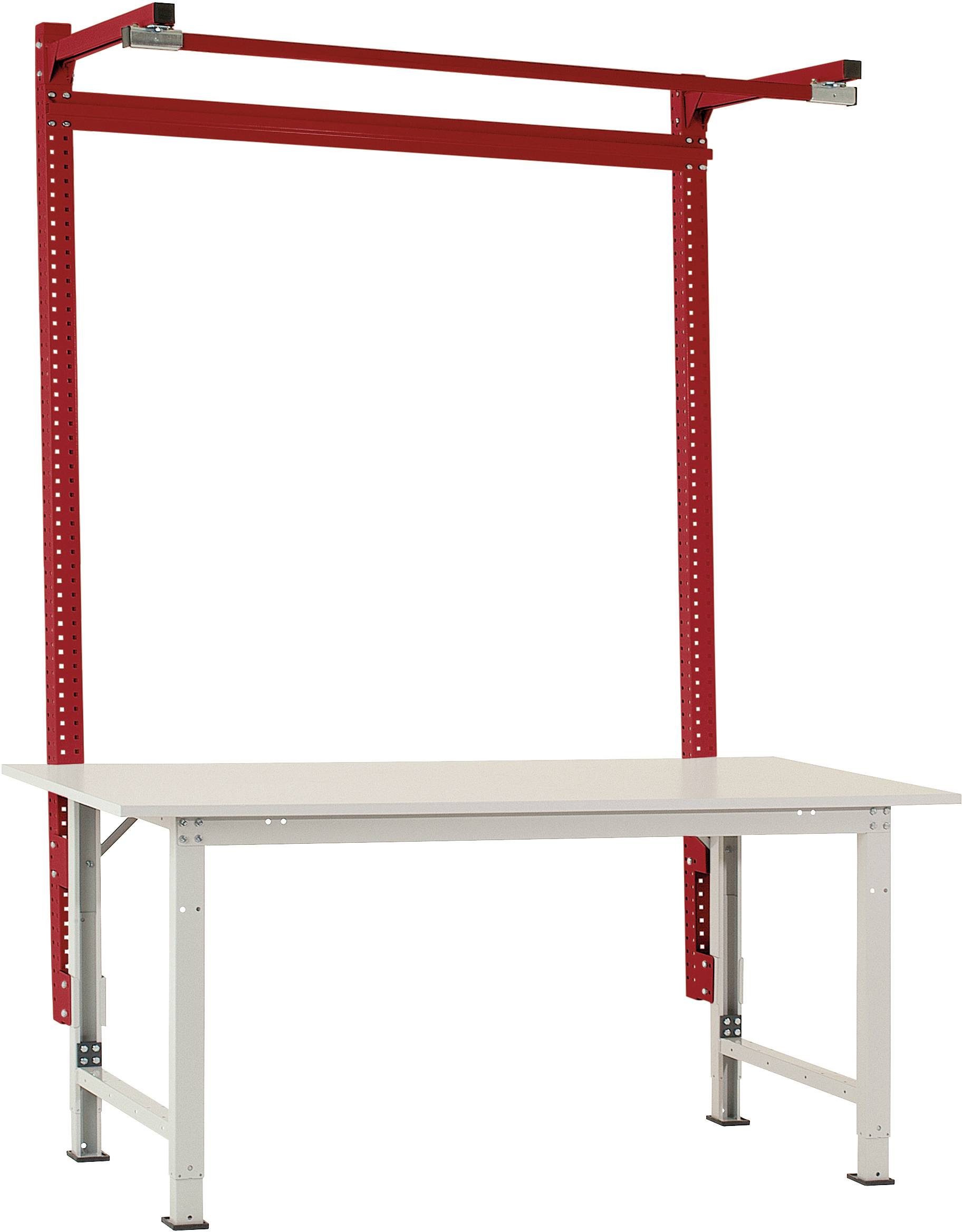 Ein höhenverstellbarer Arbeitstisch mit rotem Metallgestell und integrierter oberer Ablagefläche, geeignet für Werkstatt- oder Büroarbeiten.