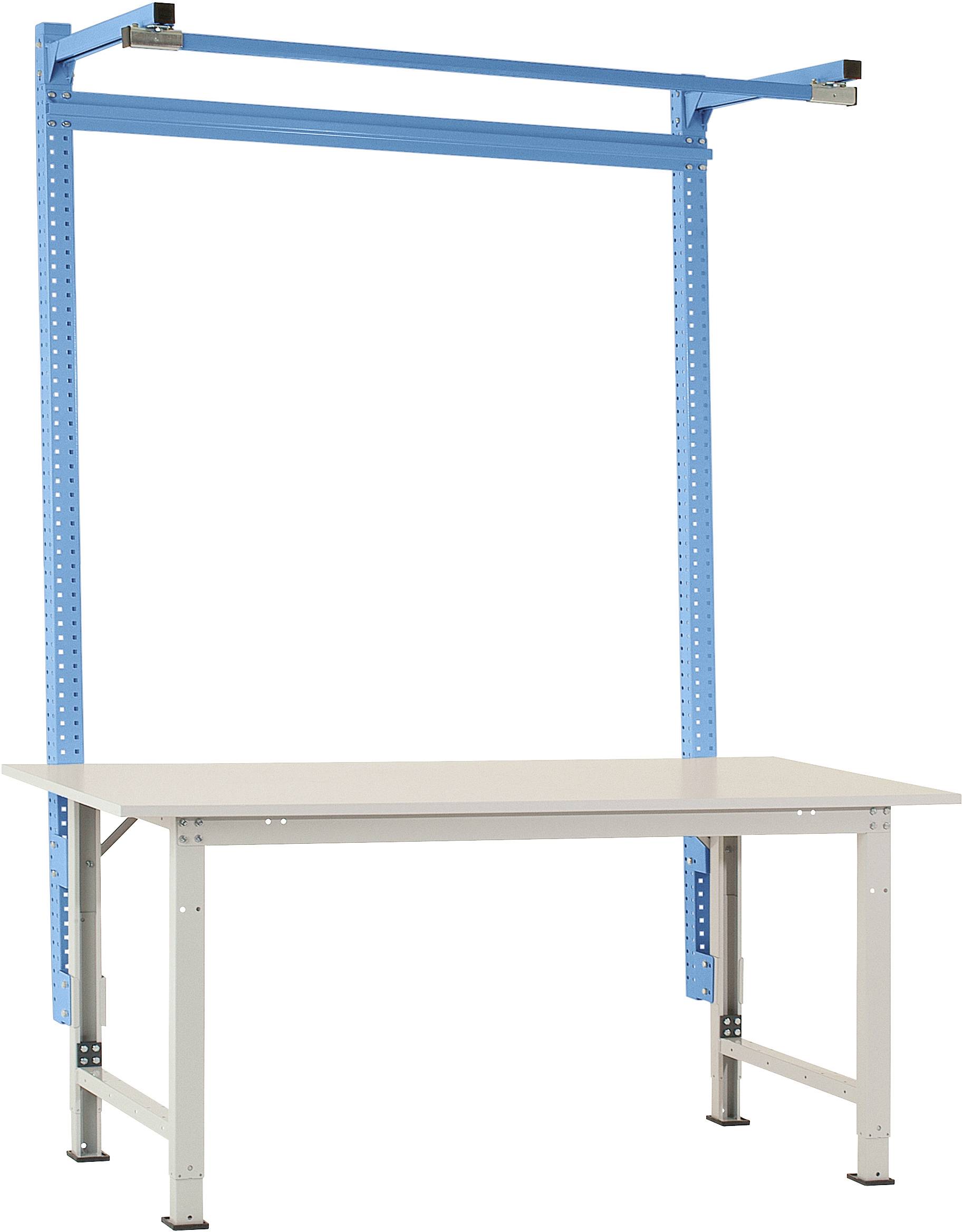 Ein höhenverstellbarer Arbeitstisch mit blauer Rahmenkonstruktion, geeignet für Werkstätten oder Labore.