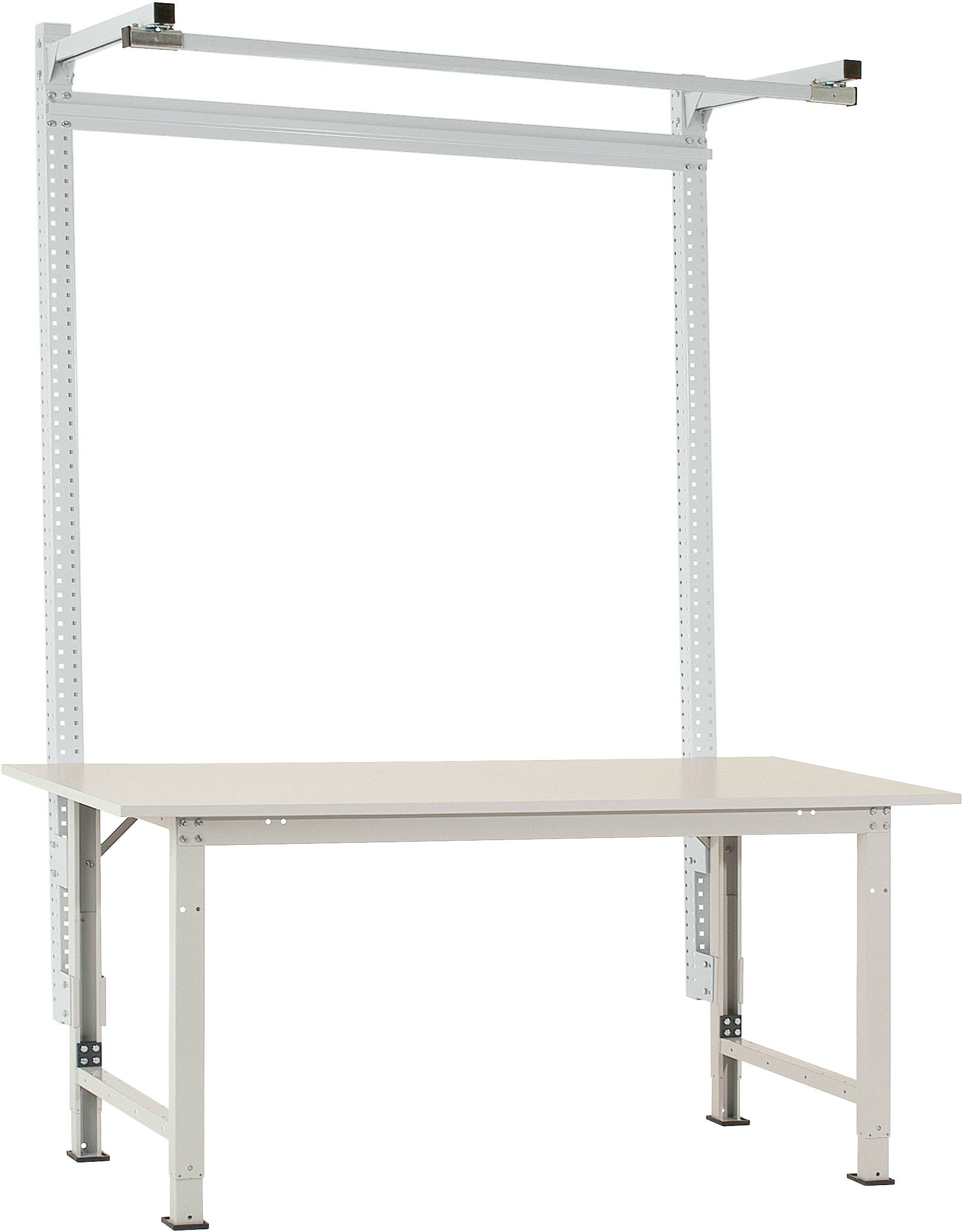 Ein höhenverstellbarer Arbeitstisch mit Metallrahmen und einer weißen Tischplatte, geeignet für ergonomische Arbeitsumgebungen.
