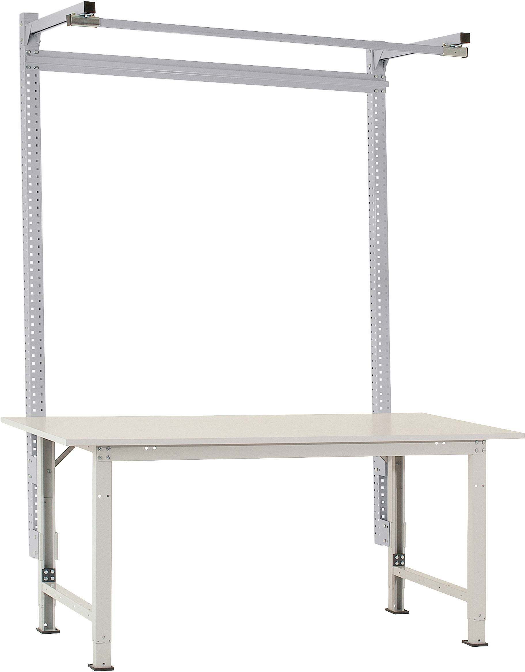 Ein höhenverstellbarer Arbeitstisch aus Metall mit rechteckiger Arbeitsfläche und oberer Rahmenkonstruktion für zusätzliche Geräte.