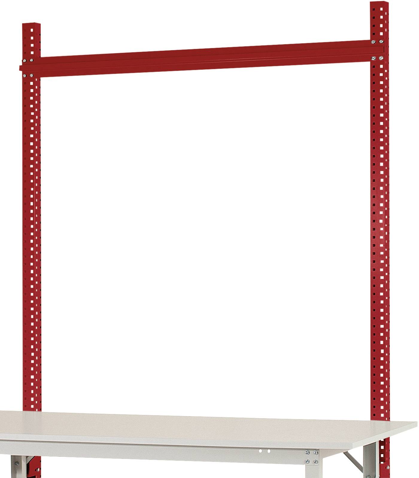 Ein roter Metallrahmen ist über einem einfachen weißen Tisch angebracht und dient als Halterung oder Struktur für darüberliegende Installationen.