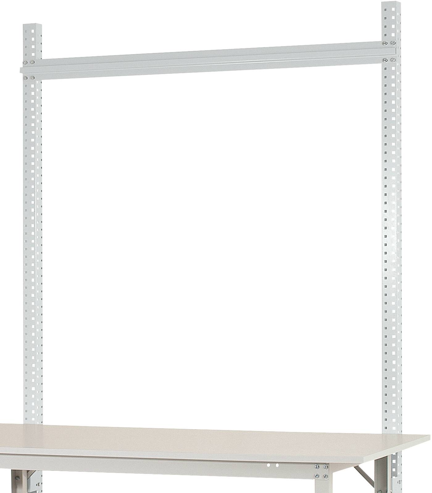Graues Metallregalgestell über einem Tisch, geeignet für Werkstätten oder Büros zur Organisation von Werkzeugen oder Materialien.