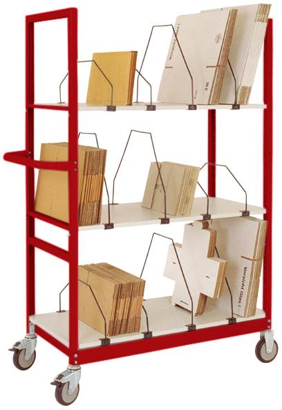Ein roter Archivwagen mit Rollen trägt Ordner und Dokumente in drei Regalfächern, gestützt durch Metallhalterungen.