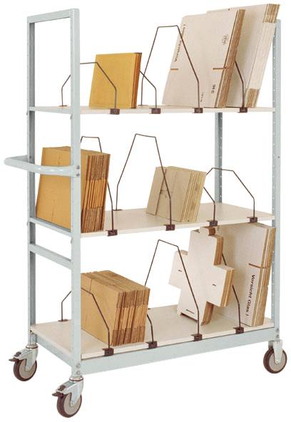 Ein grauer Wagen mit drei Regalböden, beladen mit sortierten Aktenordnern und Dokumenten, auf Rollen für einfache Bewegung.