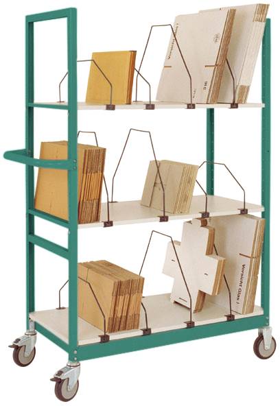 Ein grüner Rollwagen mit drei Regalböden, gefüllt mit geordneten Ordnern und Dokumenten.