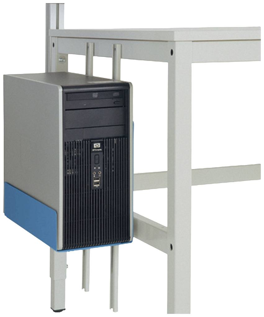 Ein Computergehäuse ist an einem weißen Tisch befestigt, sichtbar sind DVD-Laufwerke und USB-Anschlüsse auf der Vorderseite.