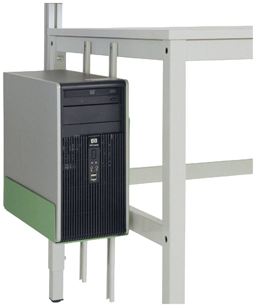 Ein Computergehäuse ist an der Seite eines weißen Tisches befestigt. Das Gehäuse hat ein grünes Element und zeigt Anschlüsse an der Vorderseite.