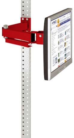 Ein Monitor ist an einer vertikalen Metallstange montiert, unterstützt von einem roten Halterungsarm. Der Bildschirm zeigt eine Website.