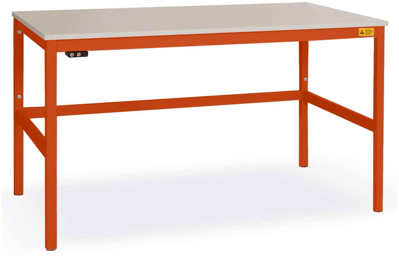 Ein stabiler Tisch mit einer weißen Oberfläche und einem orangefarbenen Metallrahmen, ideal für Werkstatt- oder Bastelarbeiten.