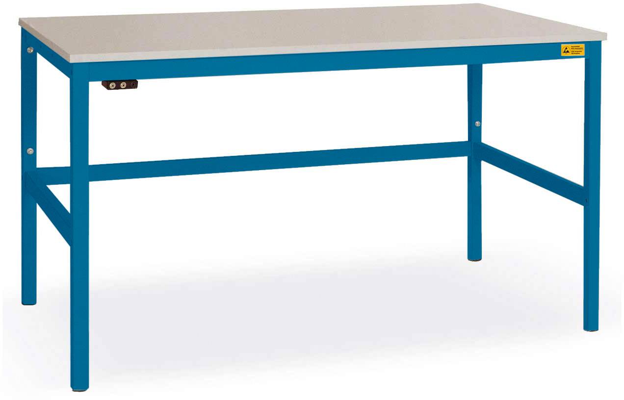 Ein rechteckiger Tisch mit blauem Metallrahmen und weißer Tischplatte, geeignet für industrielle oder handwerkliche Arbeiten.