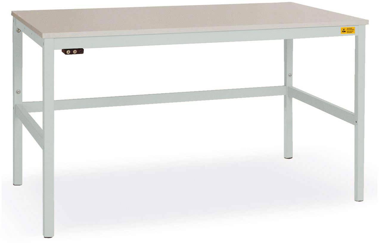 Ein einfacher, rechteckiger Tisch mit weißer Oberfläche und grauen Beinen. Der Tisch steht auf einem weißen Hintergrund.