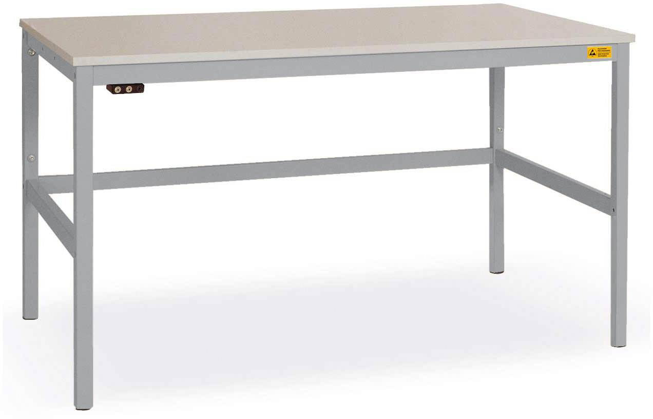 Ein einfacher, rechteckiger Tisch mit metallischen Beinen und einer glatten, weißen Oberfläche.