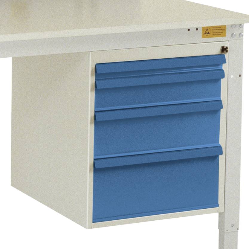 Ein weißer Werkstatttisch mit blauen Schubladen an der Seite. Die Schubladen haben ergonomische Griffe und bieten Stauraum.