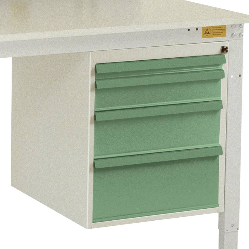 Ein weißer Tisch mit einem integrierten Schubladenschrank auf der rechten Seite. Die Schubladen sind grün und haben Griffleisten.