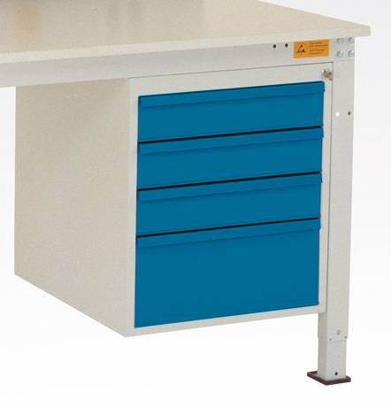 Blauer Schubladenschrank unter weißem Tisch befestigt, mit drei Schubladen. Robuste Bauweise, geeignet für Werkzeuge oder Büromaterial.