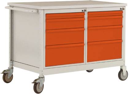 Ein mobiler Werkzeugschrank mit roter Front, ausgestattet mit sechs Schubladen und vier Rollen zur einfachen Bewegung.