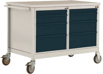 Ein mobiler Metallschrank mit zwei Reihen von Schubladen und vier Rollen. Ideal für die Lagerung von Werkzeugen oder Materialien.