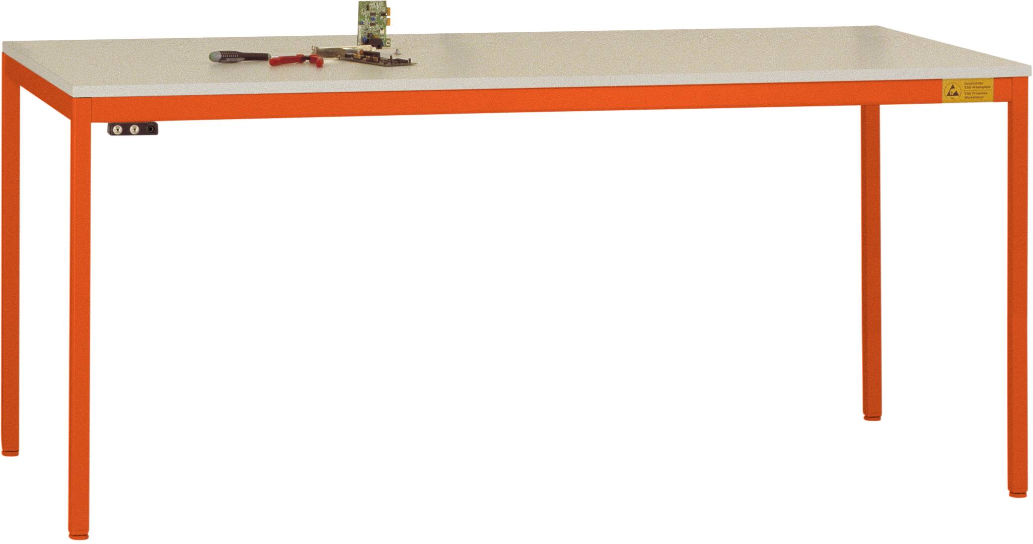 Ein rechteckiger Tisch mit weißer Platte und orangefarbenen Beinen. Auf dem Tisch liegen ein Schraubenzieher und einige kleine Teile.
