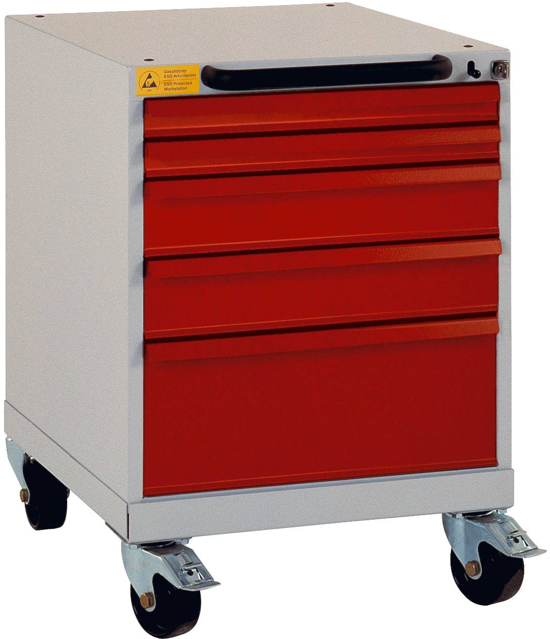 Manuflex LS1023.9006 ESD ESD-Schubfachschrank BASETEC mobil, Nutzhöhe 500mm mit 5 Schubfächern, in alusilber ähnlich RAL 9006
