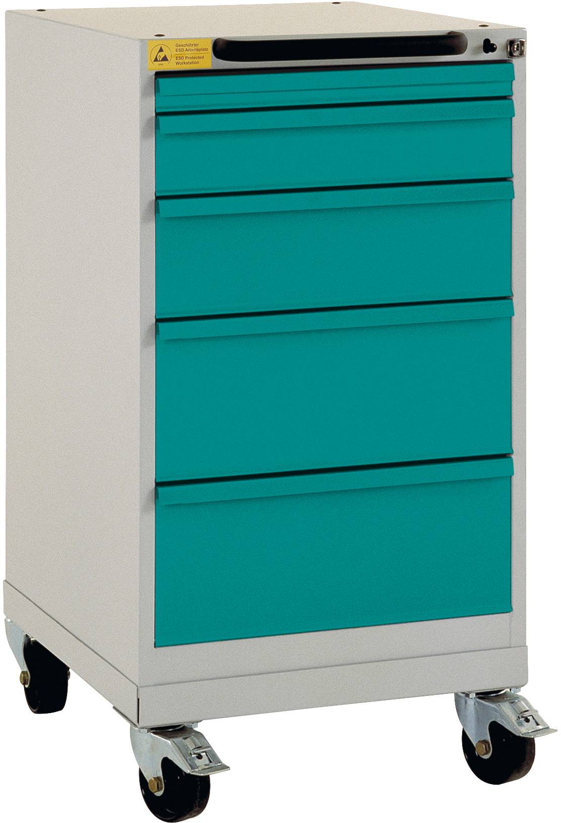 Manuflex LS1044.5021 ESD ESD-Schubfachschrank BASETEC mobil, Nutzhöhe 700mm mit 5 Schubfächern, in wasserblau RAL 5021