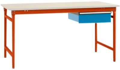 Ein Tisch mit orangenem Metallgestell, heller Oberfläche und einer blauen Schublade auf der rechten Seite.