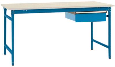 Blauer Tisch mit einer Schublade an der rechten Seite. Minimalistisches Design, geeignet für Arbeits- oder Büroräume.