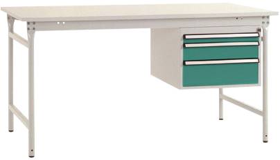 Ein weißer Schreibtisch mit einem Schubladenmodul rechts, bestehend aus drei grünen Schubladen, auf Metallgestell.