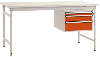 Ein weißer Schreibtisch mit drei orangefarbenen Schubladen auf der rechten Seite.