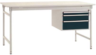Ein weißer Schreibtisch mit drei dunkelgrünen Schubladen auf der rechten Seite, freistehend mit schlichten Metallbeinen.