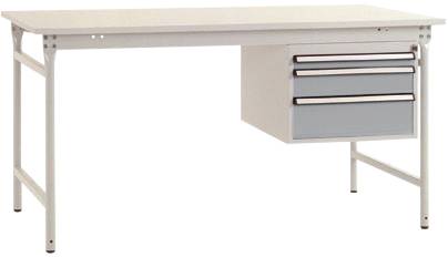Metalltisch mit zwei Schubladen auf der rechten Seite und einem schlichten Design.