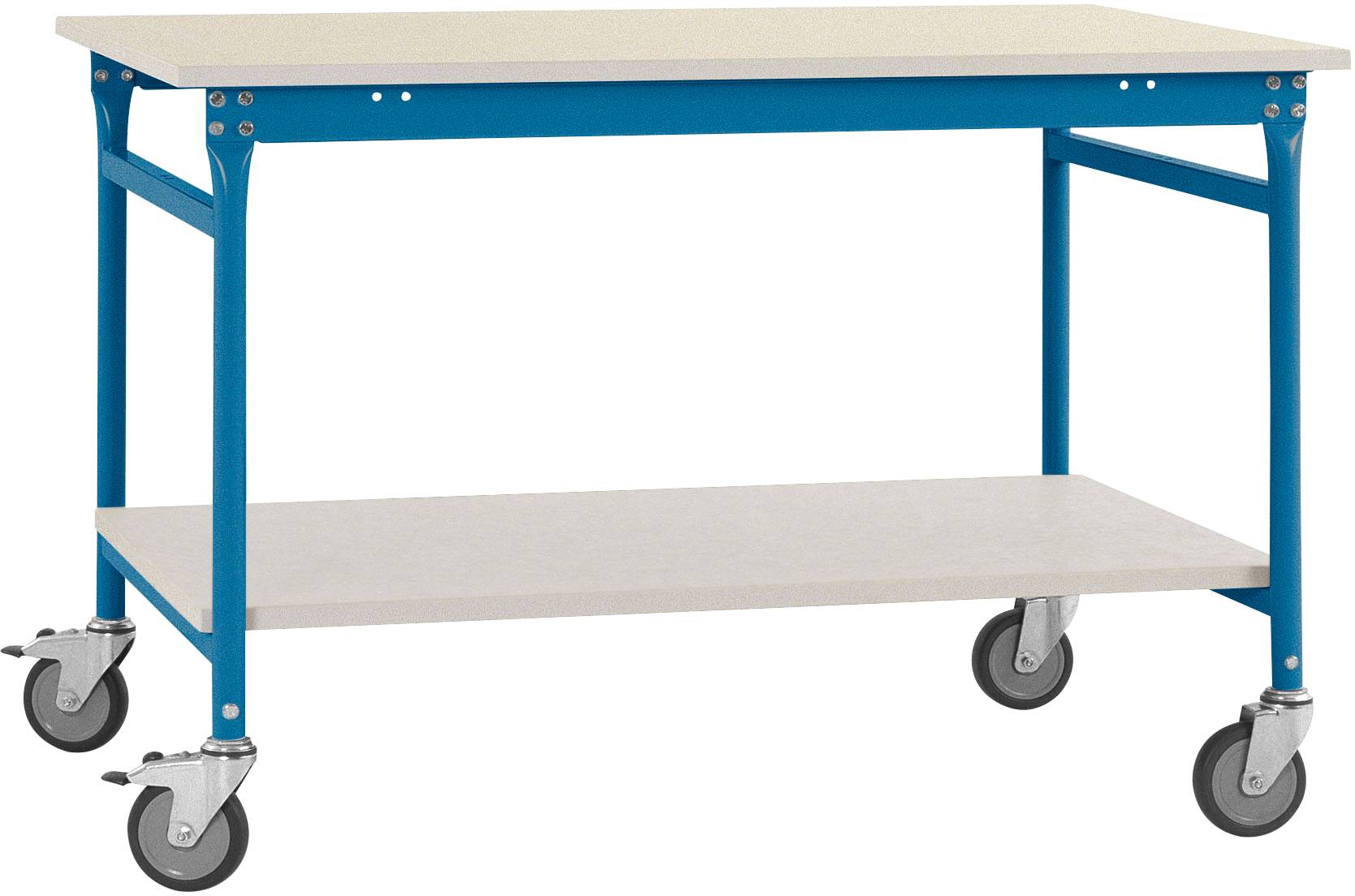 Ein blauer Werkstatttisch auf Rollen mit zwei Ablageflächen, eine oben und eine unten. Mobil und stabil für Werkzeuge oder Materialien.