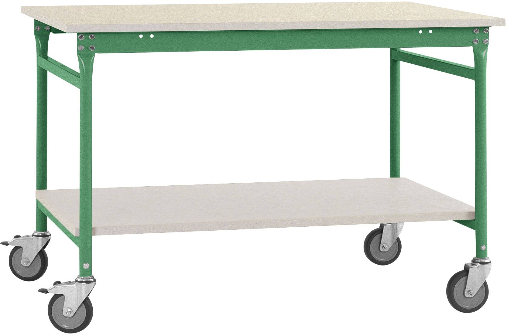 Ein grüner Rolltisch mit zwei Ablageflächen und vier schwenkbaren Rädern. Ideal für den Einsatz in Werkstätten oder Lagern.