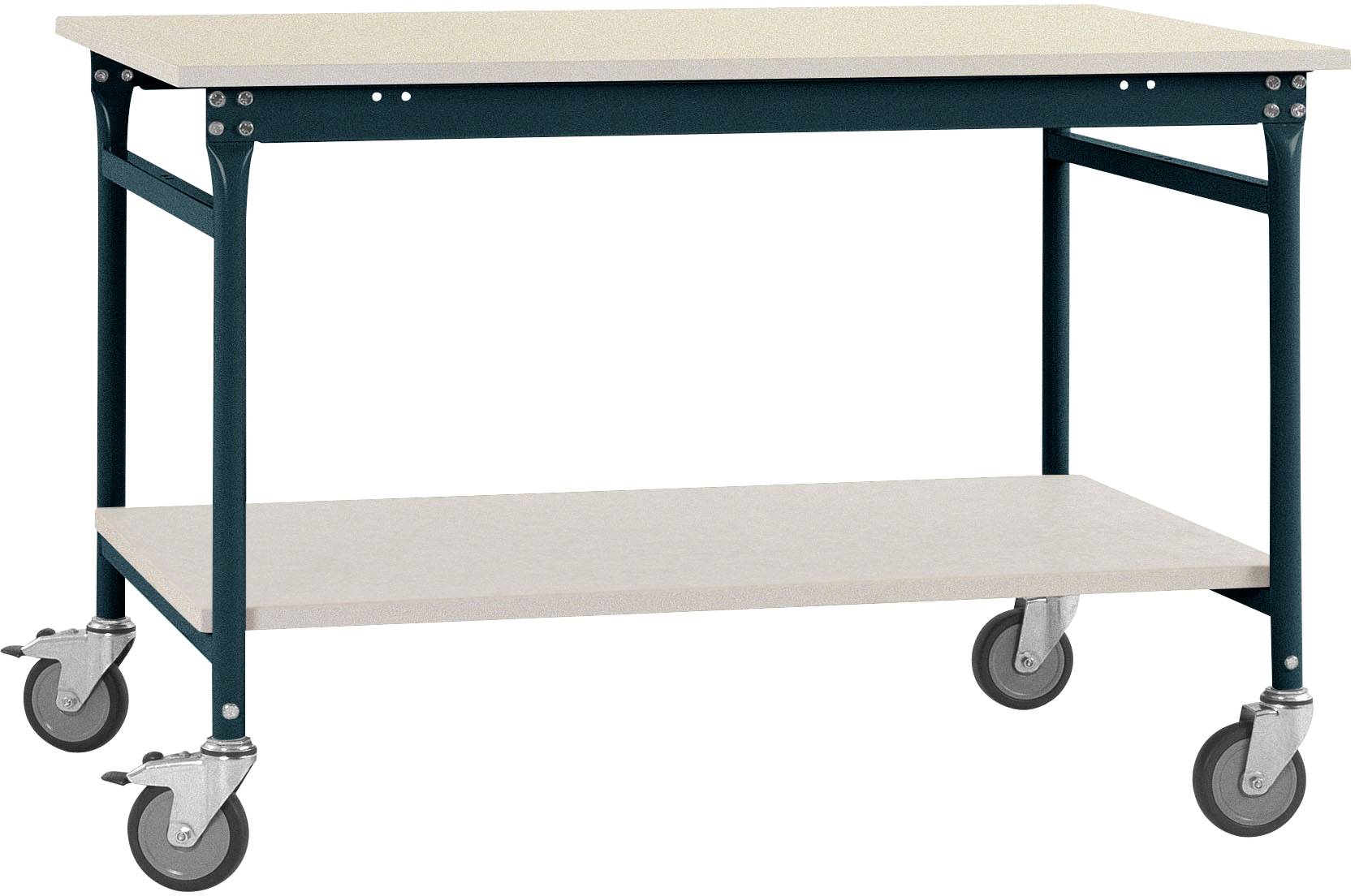 Ein rechteckiger Tisch mit Metallbeinen und einer unteren Ablage, ausgestattet mit vier Rollen für Mobilität.