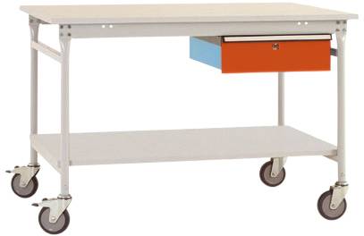 Rollbarer Tisch aus Metall mit einer blauen und orangen Schublade unter der Tischplatte. Vier Räder, zwei mit Bremsen.