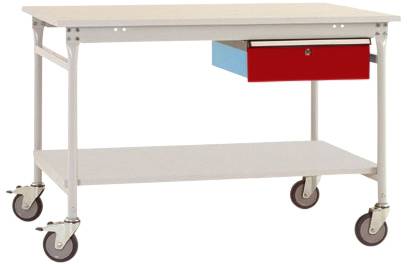 Ein rechteckiger Werkstattwagen mit vier Rollen, einem roten Schubladen und einer unteren Ablagefläche.