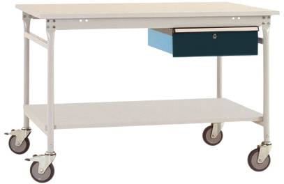 Ein rollbarer Arbeitstisch mit einer Schublade unter der Tischplatte und einer unteren Ablagefläche. Ideal für flexible Arbeitsumgebungen.