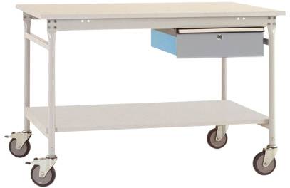 Ein mobiler, weißer Tisch mit vier Rollen, einer blauen Schublade und einer unteren Ablagefläche.