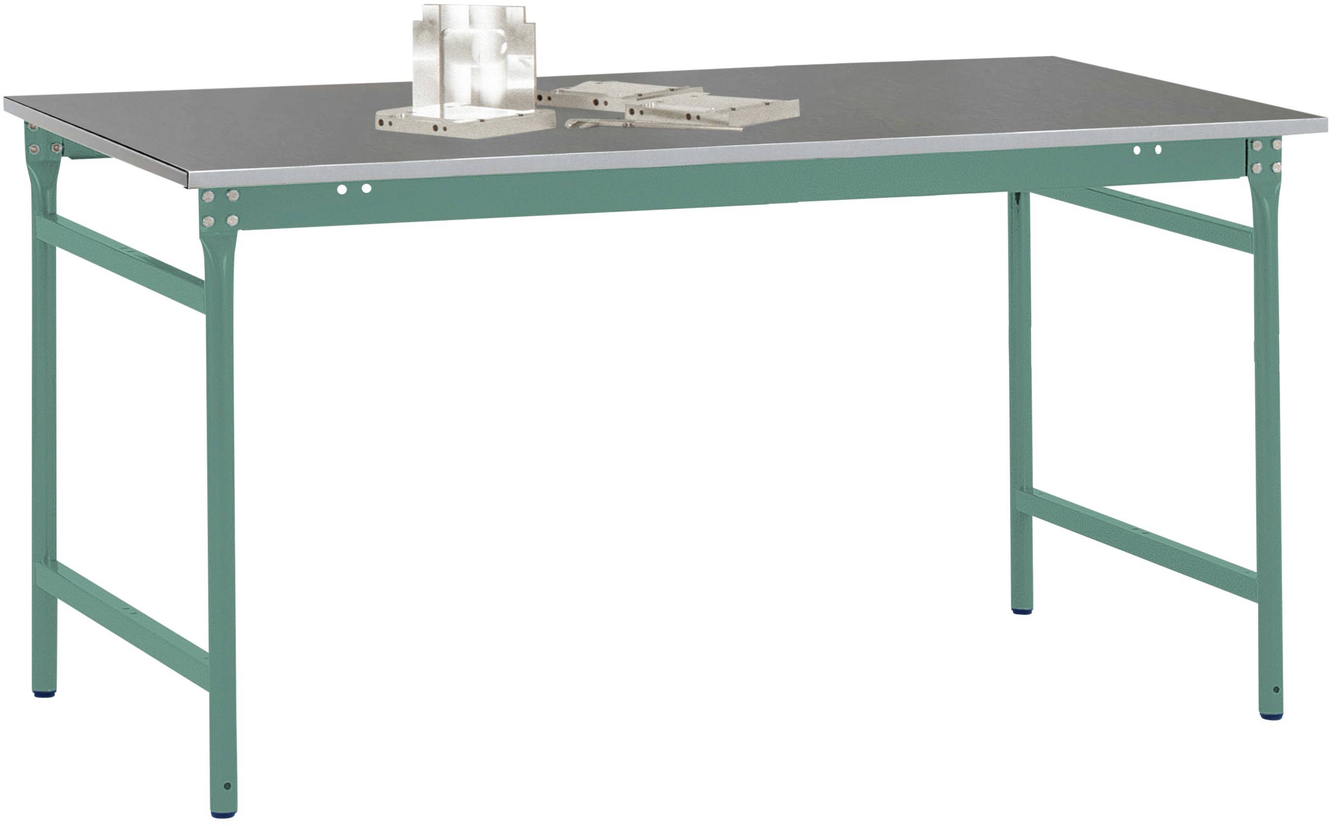 Ein Tisch mit grünem Metallgestell und dunkler Tischplatte. Obenauf liegen ein kleines Modell und ein flacher Gegenstand.