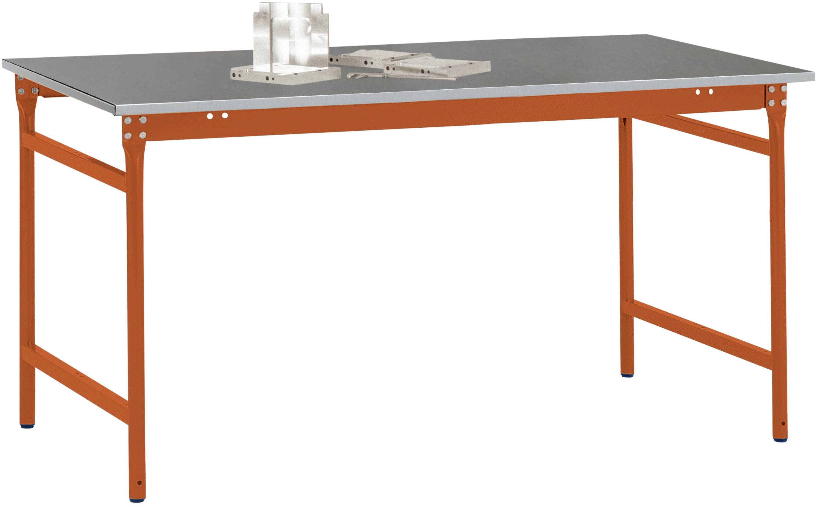 Ein Arbeitstisch mit grauer Tischplatte und orangenen Beinen. Oben auf dem Tisch stehen zwei Metallobjekte.