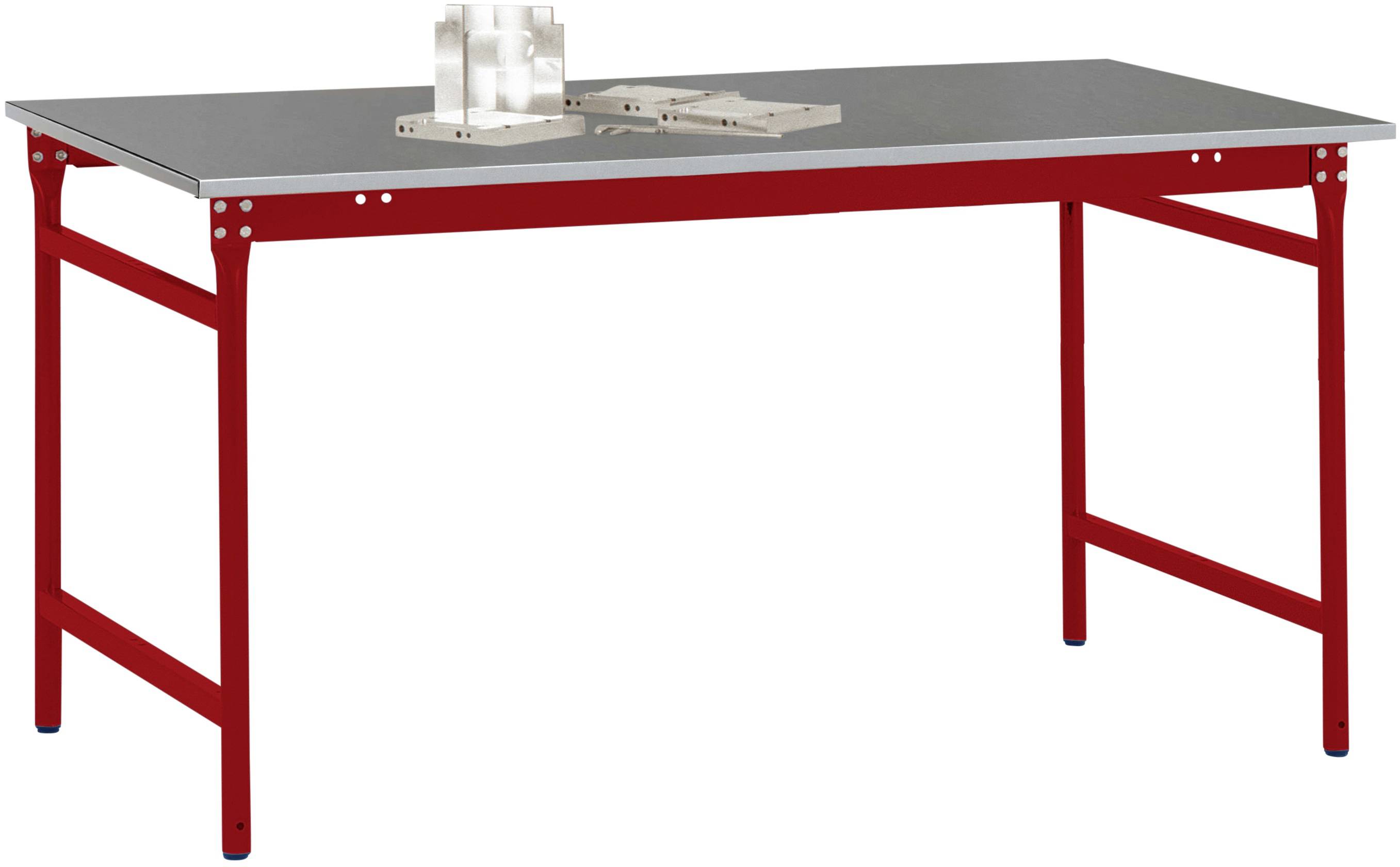 Roter Werktisch mit grauer Tischplatte. Oben drauf liegen zwei präzise platzierte metallische Maschinenbauteile.