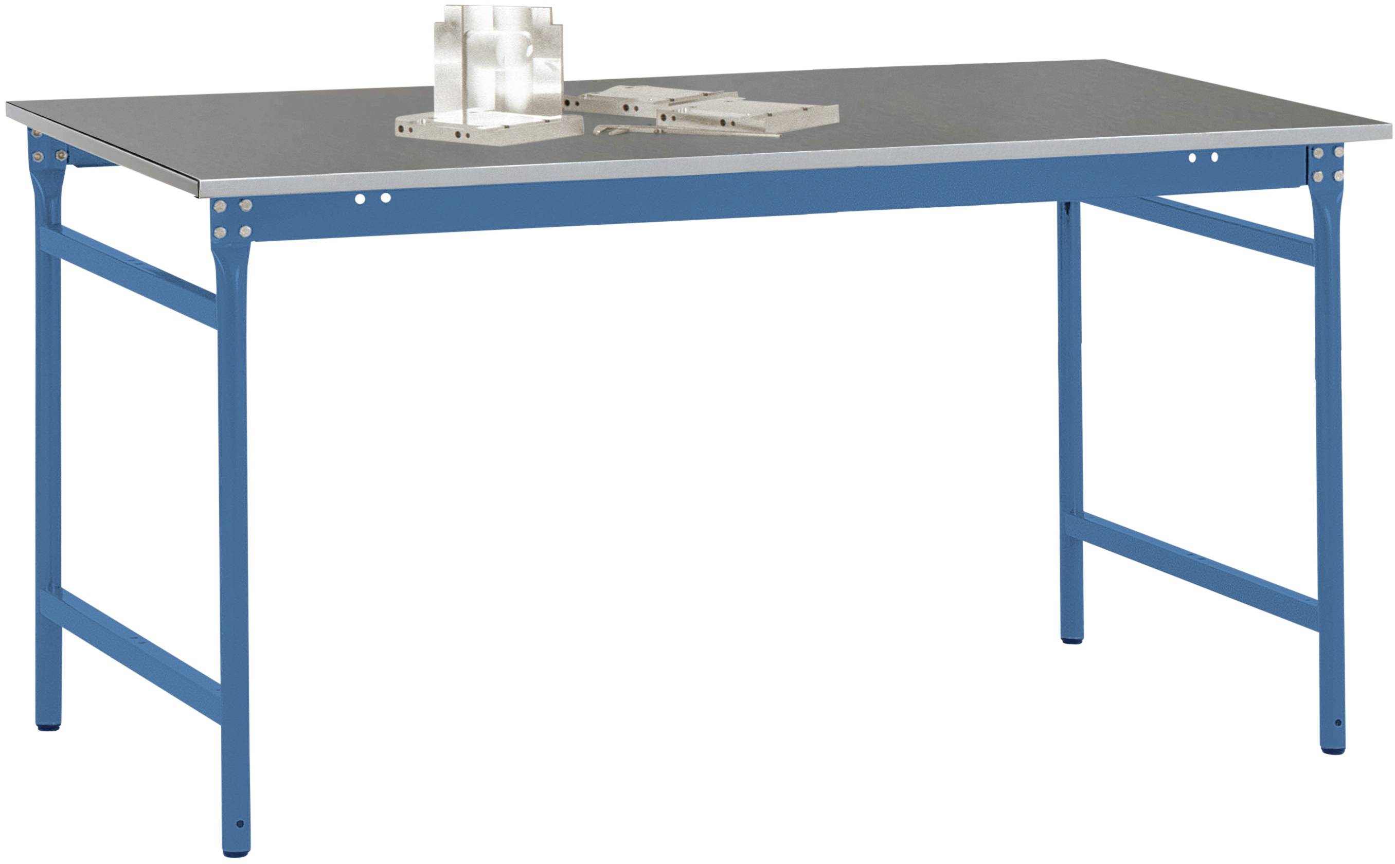 Ein stabiler Tisch mit blauer Metallstruktur und grauer Tischplatte. Zwei kleine Maschinenbauteile liegen auf der Tischoberfläche.
