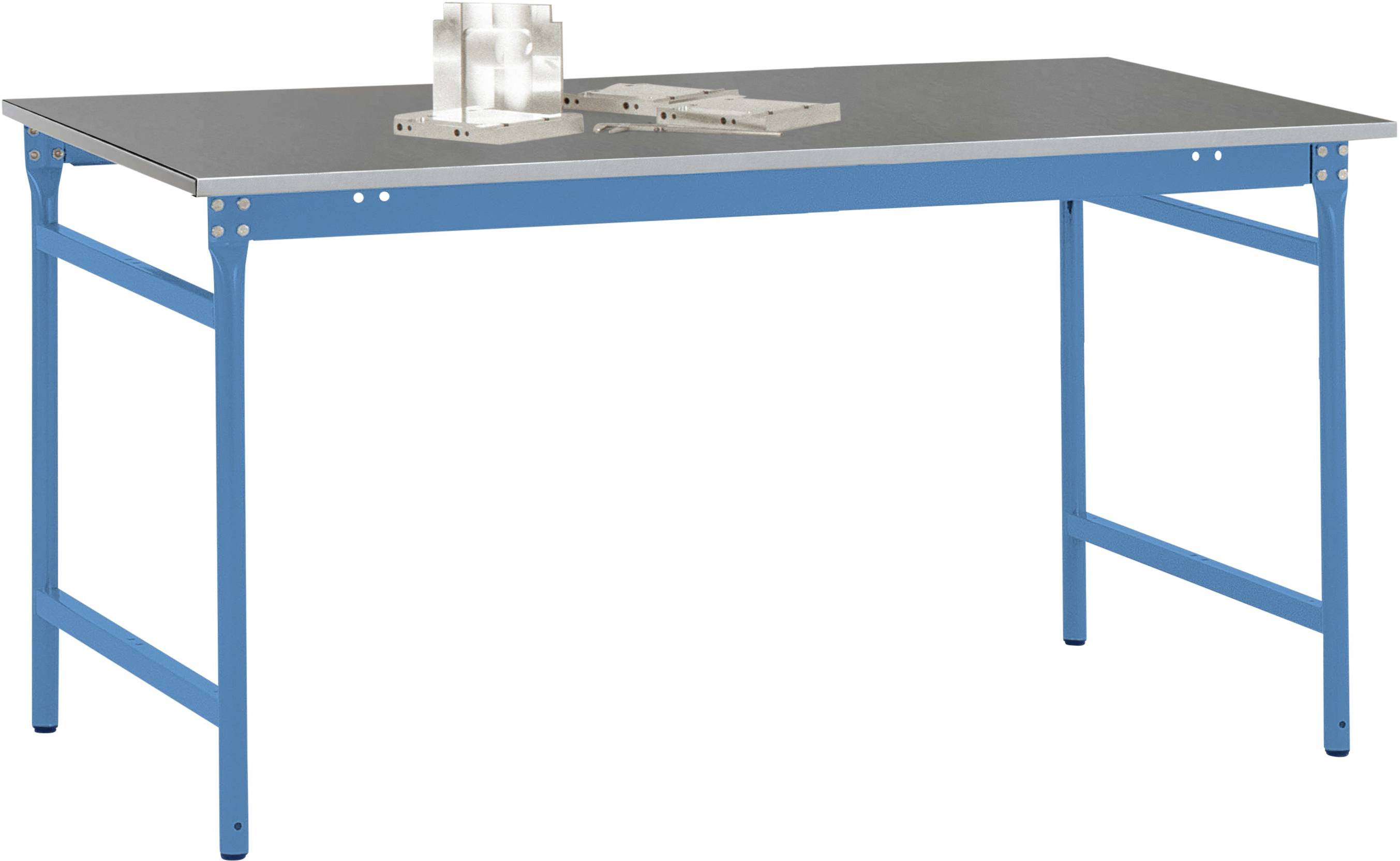 Ein stabiler Tisch mit blauer Metallstruktur und dunkler Tischplatte. Auf dem Tisch befinden sich mehrere Metallblöcke.