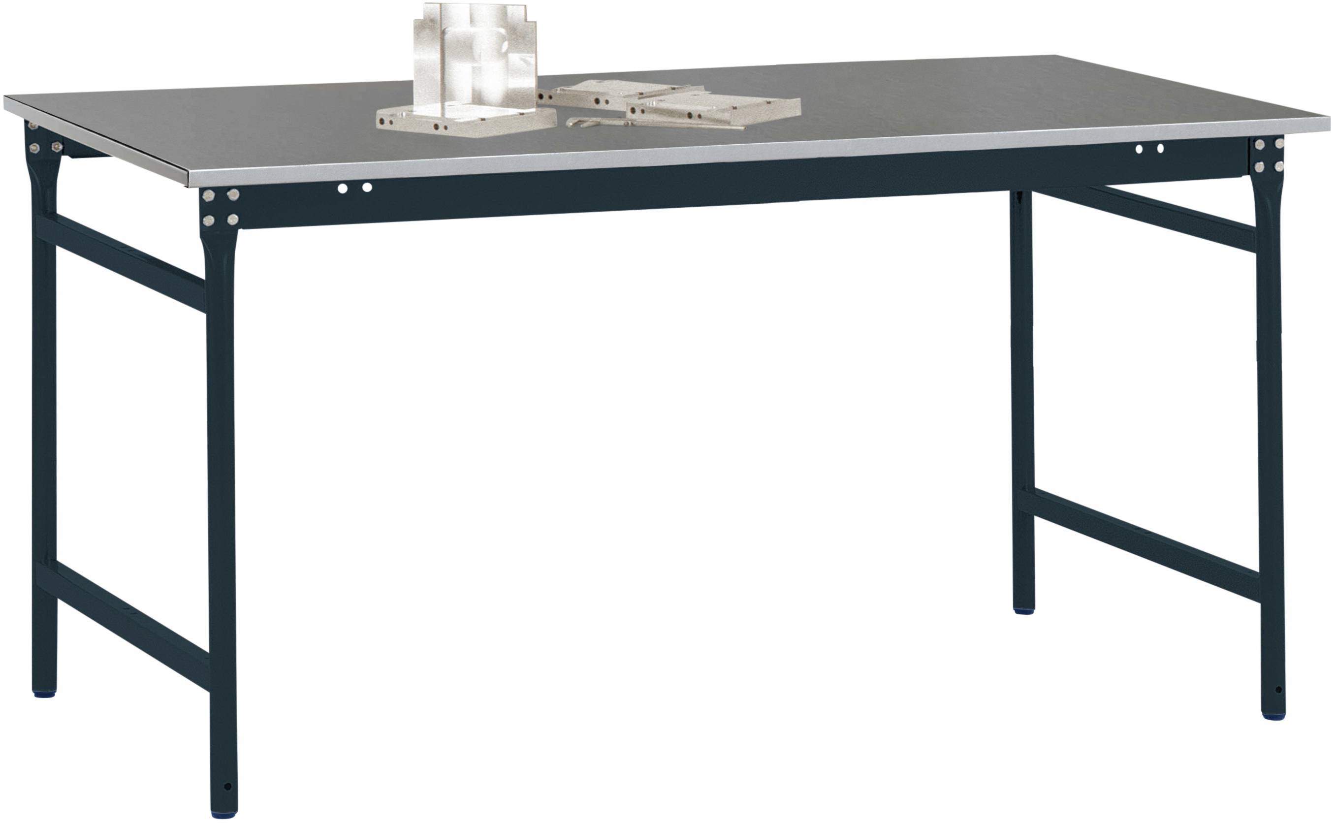Ein rechteckiger Tisch mit dunklem Gestell und heller Tischplatte. Obenauf stehen zwei kleine Metallobjekte.